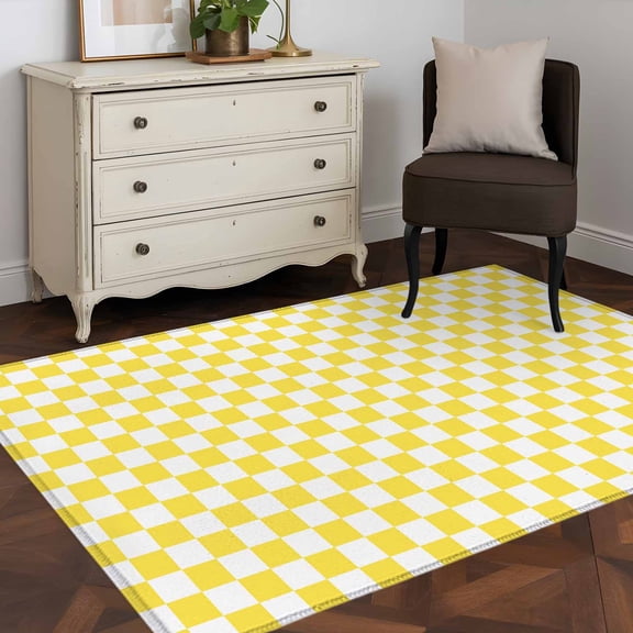 3'x5' Area Rugs, Yellow White Plaid Indoor Outdoor Area Rug for Living Room Bedroom, Modern Retro Geometric Checkered Washable Bathroom Rugs Kitchen Floor Carpet Mats Home Decor Aesthetic