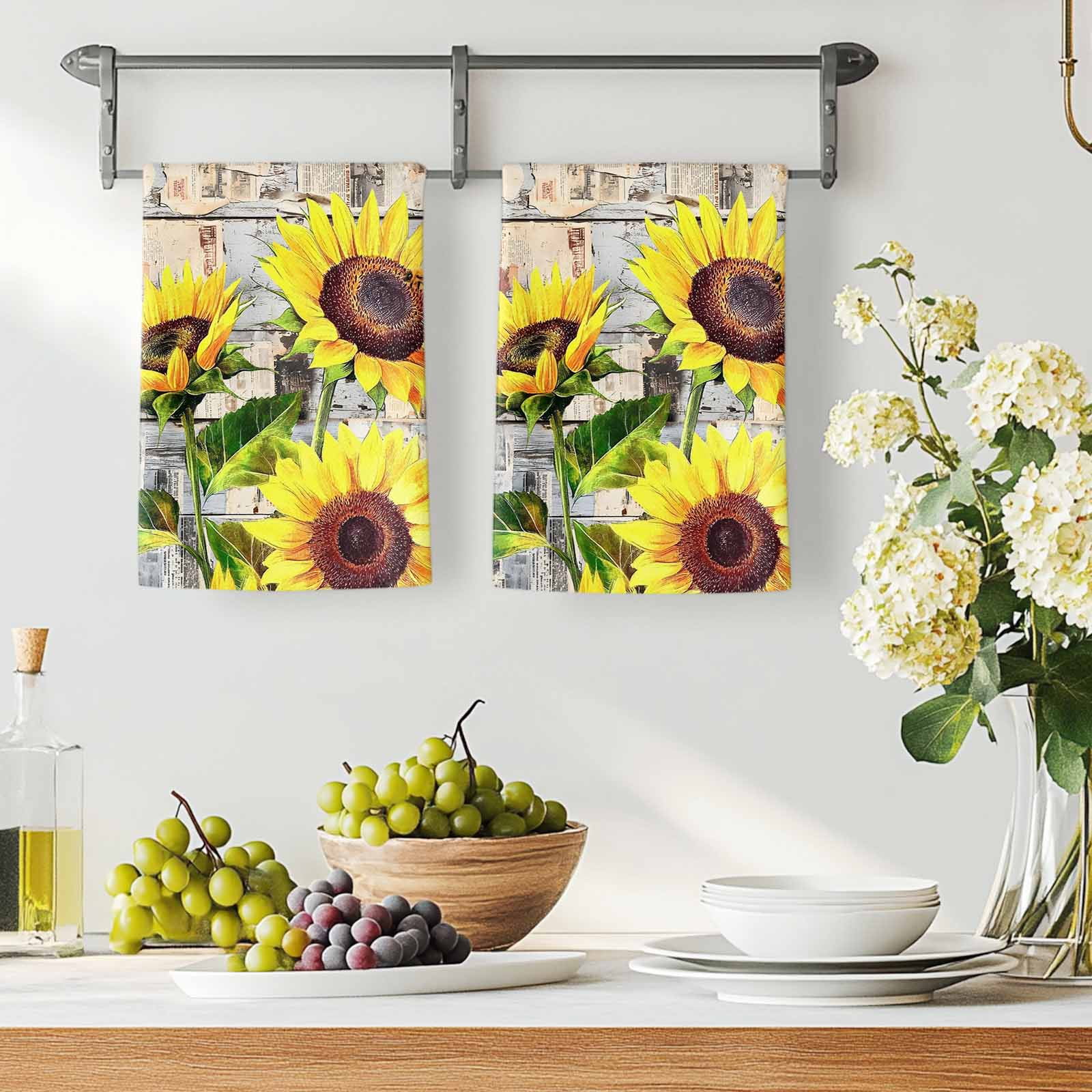 Sunflowers Kitchen Towels Set of 2, Botanical Floral Farmhouse Retro Wood Grain Absorbent Dish Towels for Kitchen, Microfiber Hand Towel, Quick Drying Tea Towel for Cleaning Decorative Dishcloths