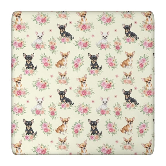Chihuahua and Floral Yellow Pattern Square Fitted Tablecloth with Elastic Edge, Washable Table Cover for Home Kitchen Party and Daily Decor 36in(91cm)
