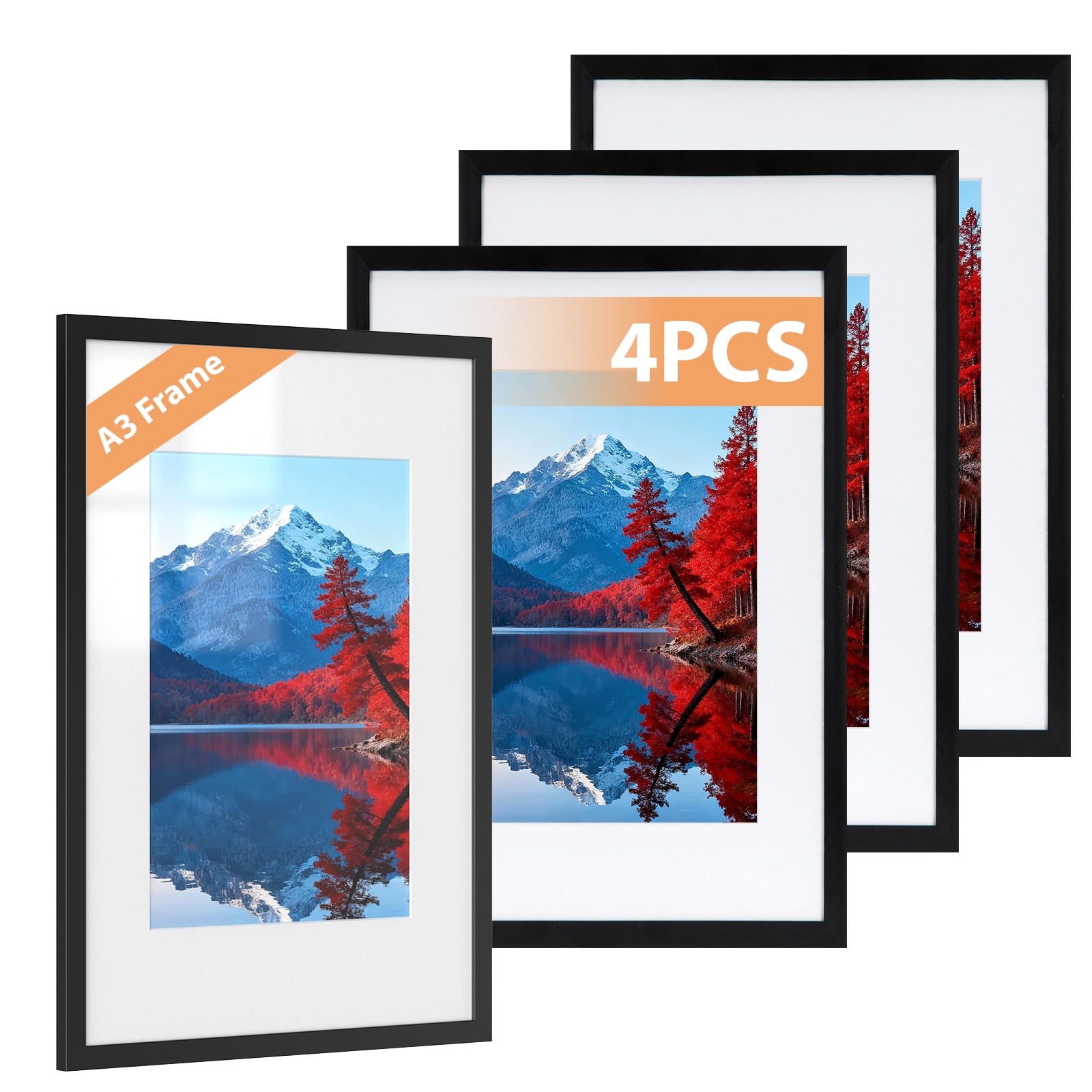 LIZEVINC 4 Pack 11x14 Picture Frame, Display Pictures 8x10 with Mat or 11x14 Without Mat, Wall Hanging Photo Frame, Black