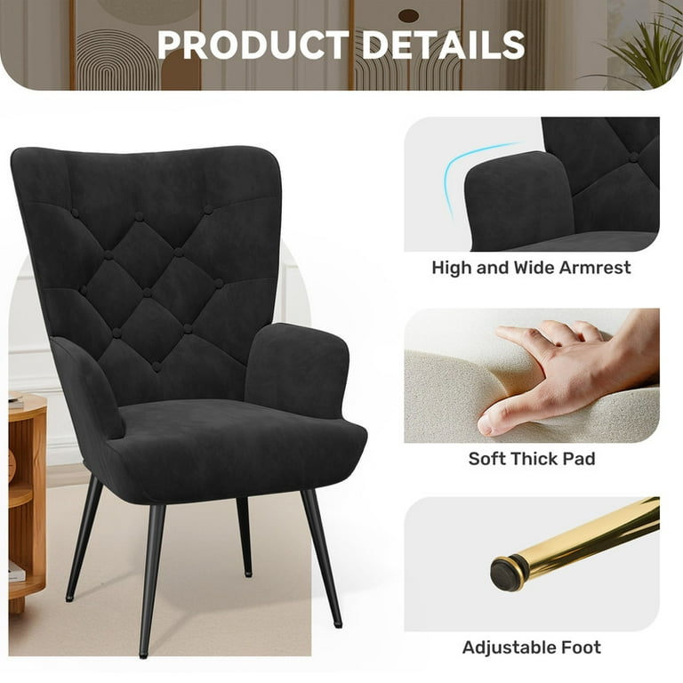Hawsaiy Wingback Velvet Accent Chair, High Back, Black photo 5