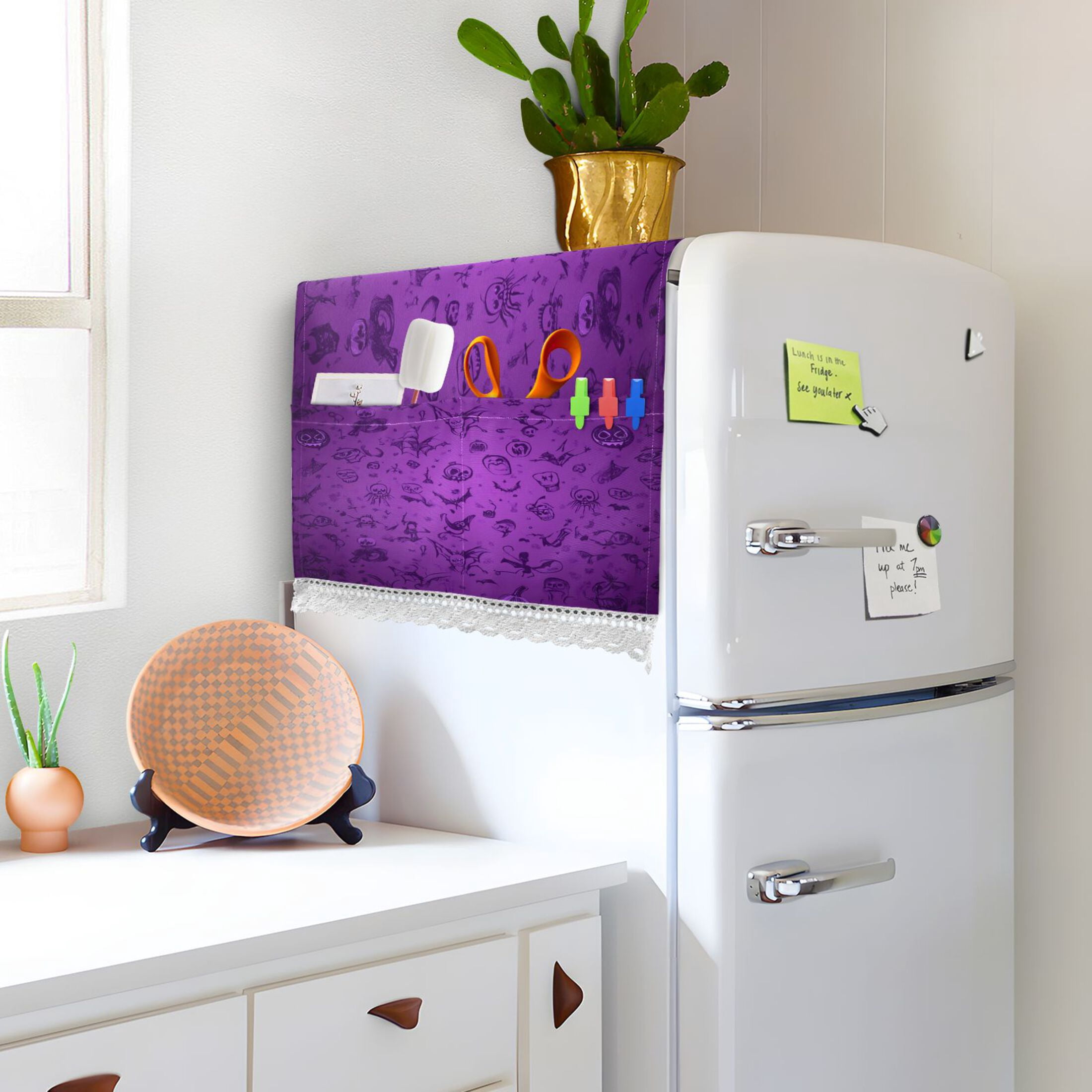 Purple Halloween BackgroundWasher and Dryer Covers Dust-Proof and Oil Resistant Fridge Cover with 4 Storage Pockets Washing Machine Top Cover for Laundry Kitchen Home 51.2 x 22 In