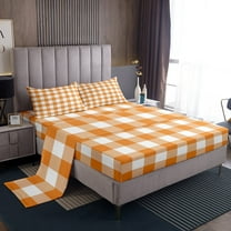 Manfei Geometric Plaid Grid 4pcs Bed Sheets for Kids Teens Adults,Orange White Stripes Checkered King Sheets,Minimalist Mid Century Super Cozy Sheet Set,Ultra Soft Home Decor