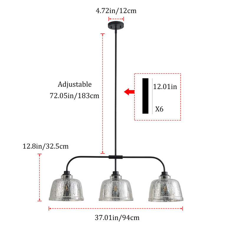 37.01 inches Pendant Light Fixture with Seeded Glass Shade, 3-Light Hanging Lighting for Living Room, Dining Room (E26 Base)