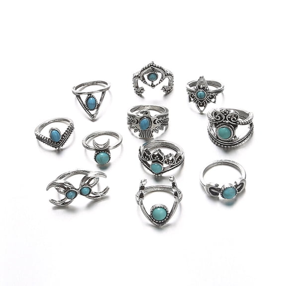 Womens Exaggerated Turquoise Jewelry Collection: 11 Piece Antique Silver Alloy Ring Set with Retro Crescent Owl Design European and American Rings