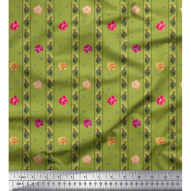 Soimoi Toile de Velours Vert Feuilles, Rayures et Rayures de Fleurs Roses Imprimés par Yard 58 Pouces de Large