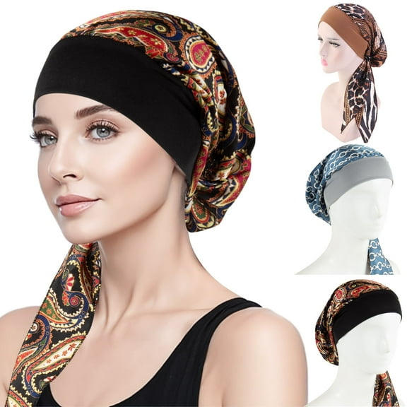3Pcs Chemo Head Scarf Caps, Muslim Bandana Stretch Turban Hat, Pre Tied Headwear Scarf for Women (Black, Blue, Brown)