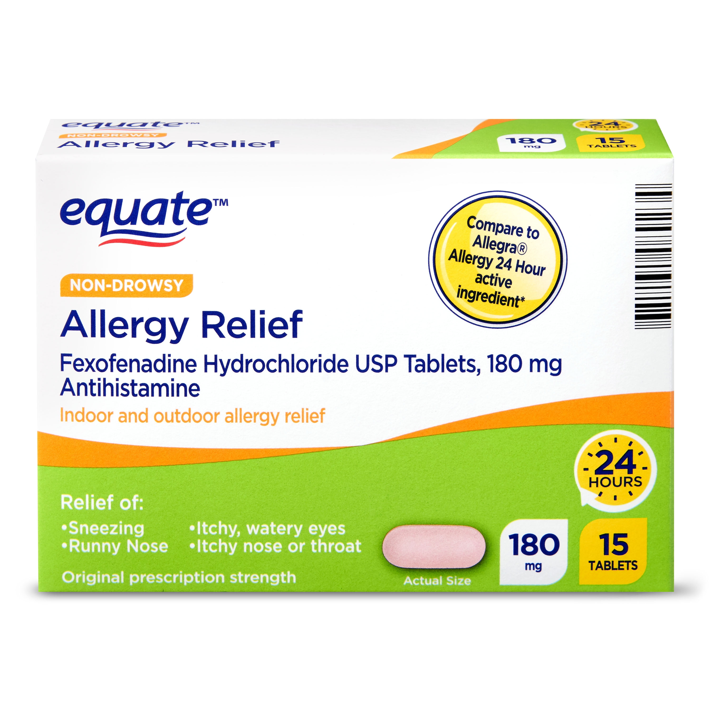 Equate Fexofenadine Allergy Relief Tablets, 180 mg, 15 Count - Walmart ...