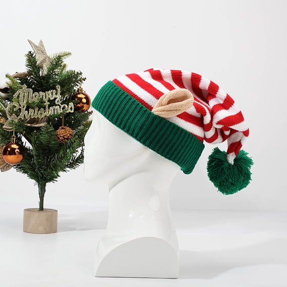 Christmas Knitted Elf Hat with Pom Pom, Warm Winter Beanie for Holiday Parties, Unisex Stretchy Design for Men and Women, Festive Knitted Cap