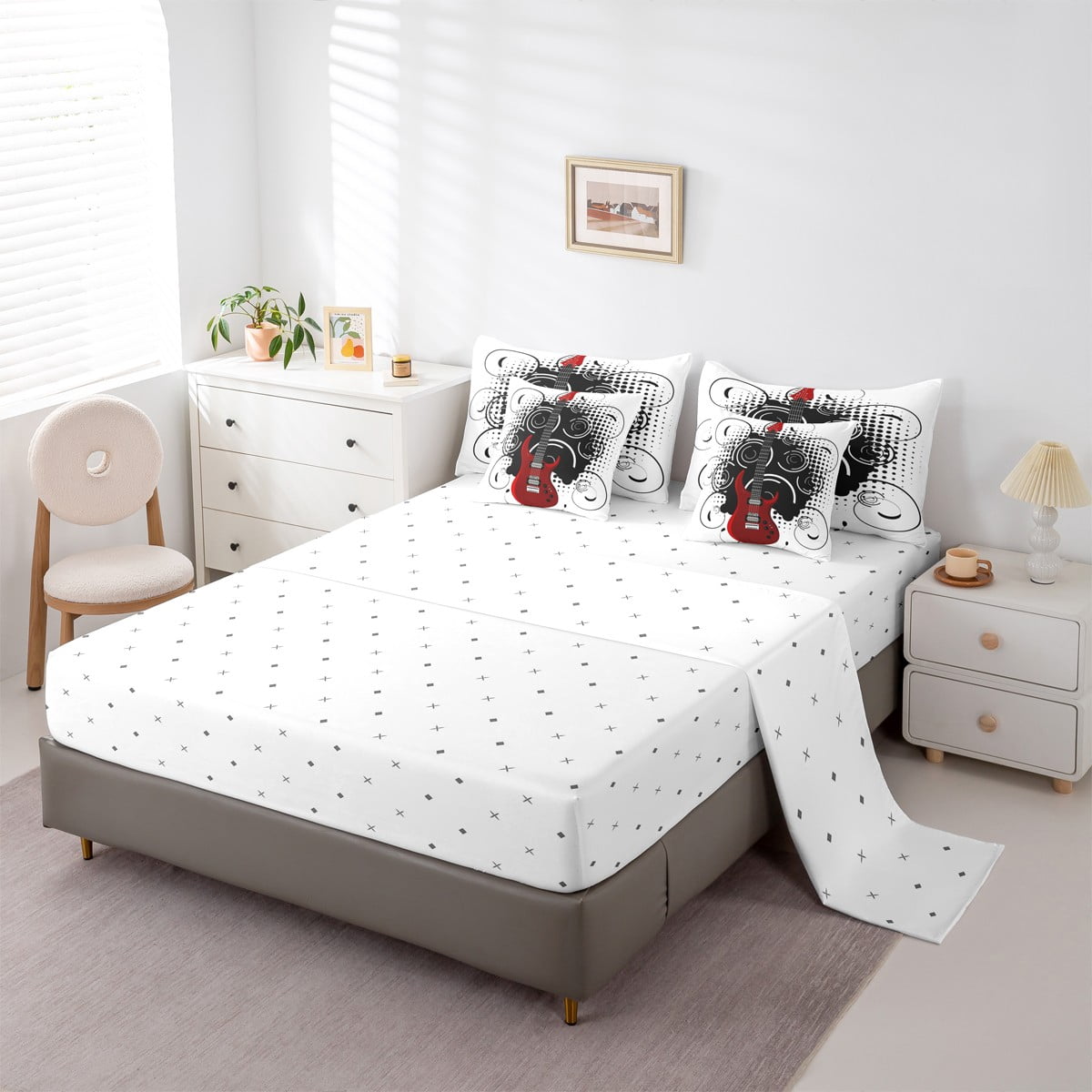jejeloiu Red Guitar Twin Bedding Sets 7-Piece,Music Theme Bedding Comforter Set,Musical Instrument Sheet Sets For Children,Super Cozy Room Decor