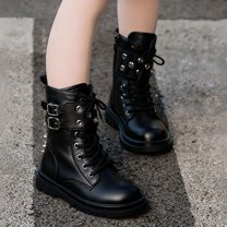XIMIN Kid Girls Goth Ankle Booties Platform Combat Boots Chunky Lace Up Lug Sole Zipper Combat Boots Punk Rivet Boots Motorcycle Boots