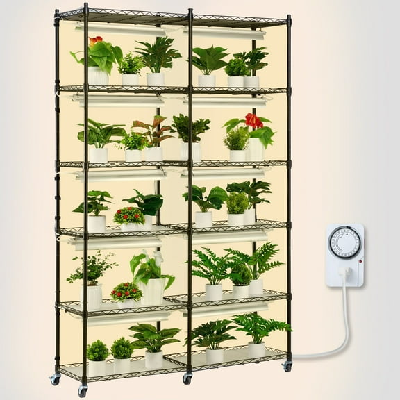 STAWAY 6-Tier Plant Stand with Grow Light - Adjustable Height Indoor Shelf with Timer & Wheels, 200W Full Spectrum LED for Seed Starting, Supports 330 lbs, 47.2" L x 13.8" W x 70.8" H