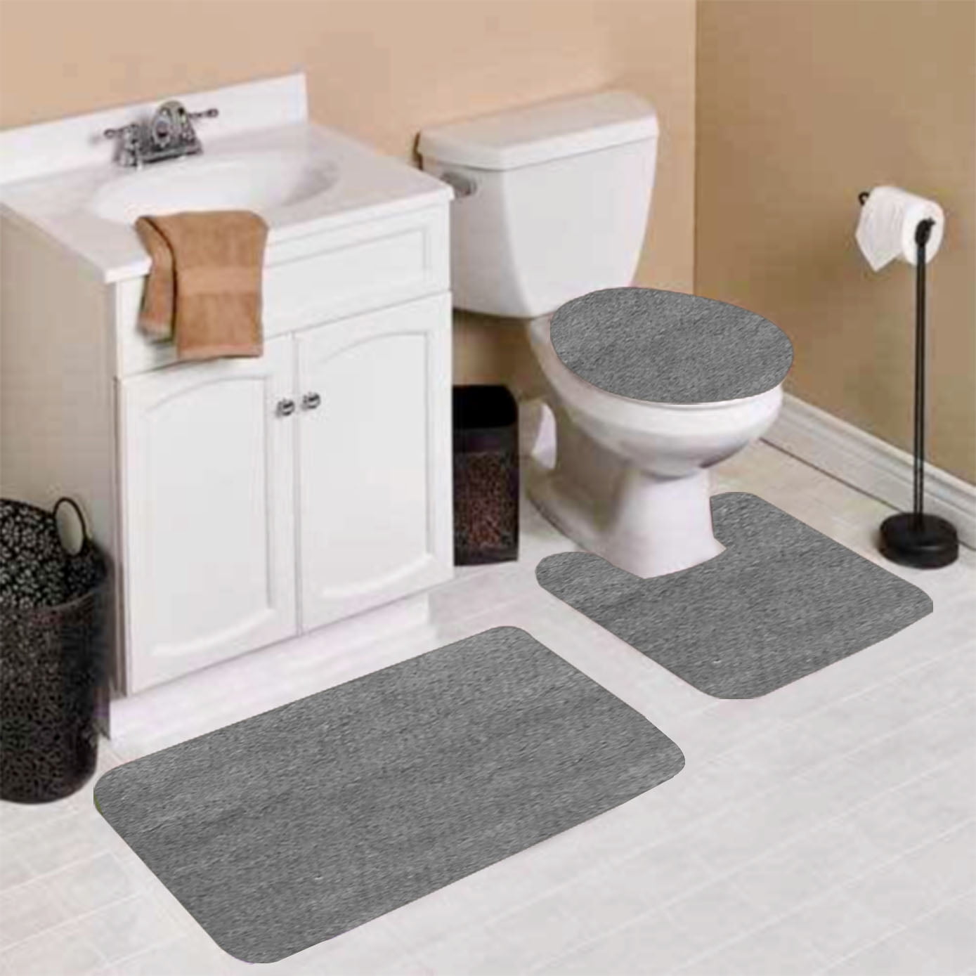 Black/ Grey 2 Piece Toilet Cover Set Rug Mat Bathroom With Rubber Back Anti Slip 