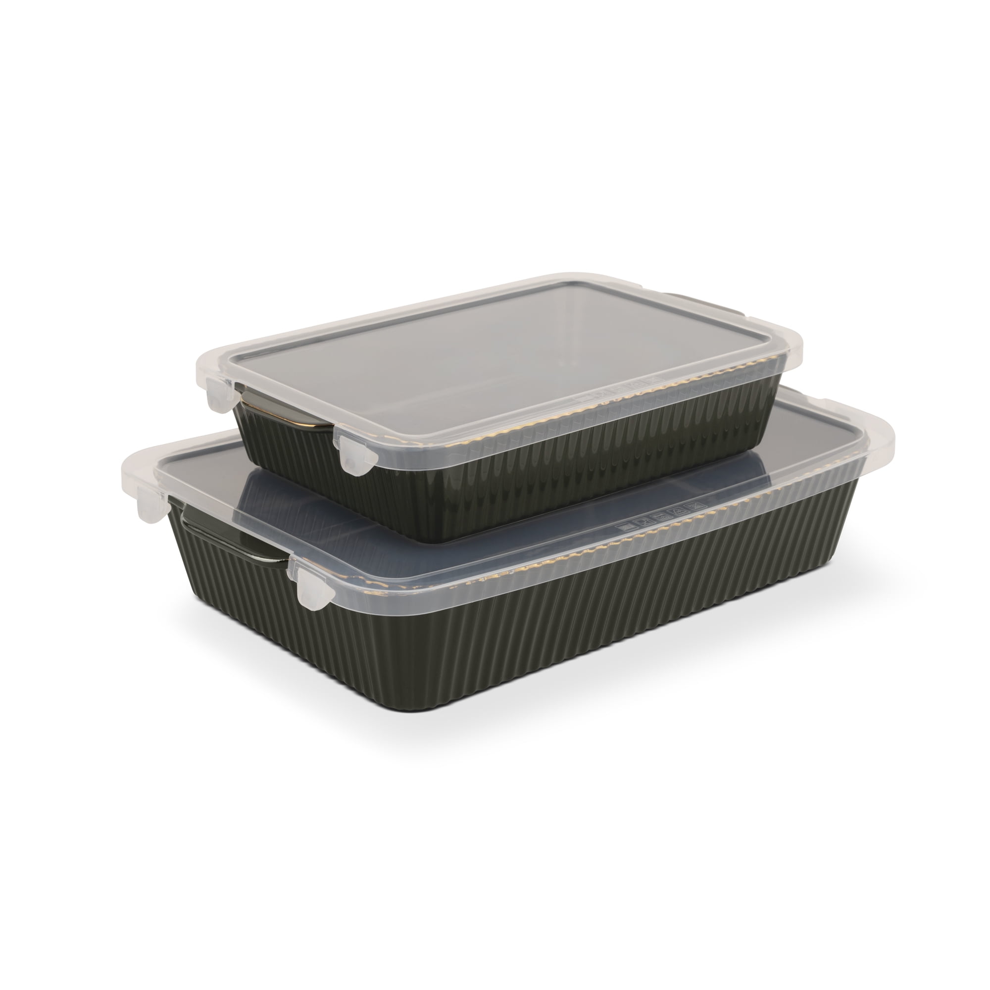 Thyme & Table 4-Piece Stoneware Bakeware Set, Includes Lids, 9"x13" , 7"x10" Bakers With Lids , Green Ribbed