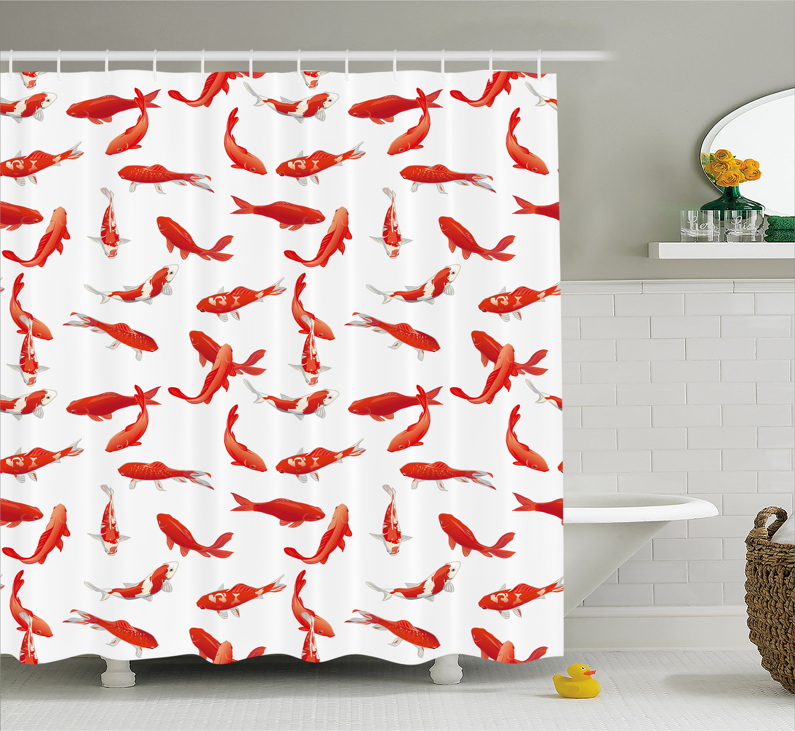 Ocean Animal Decor Shower Curtain, Decorative Eastern Exotic Koi Fish