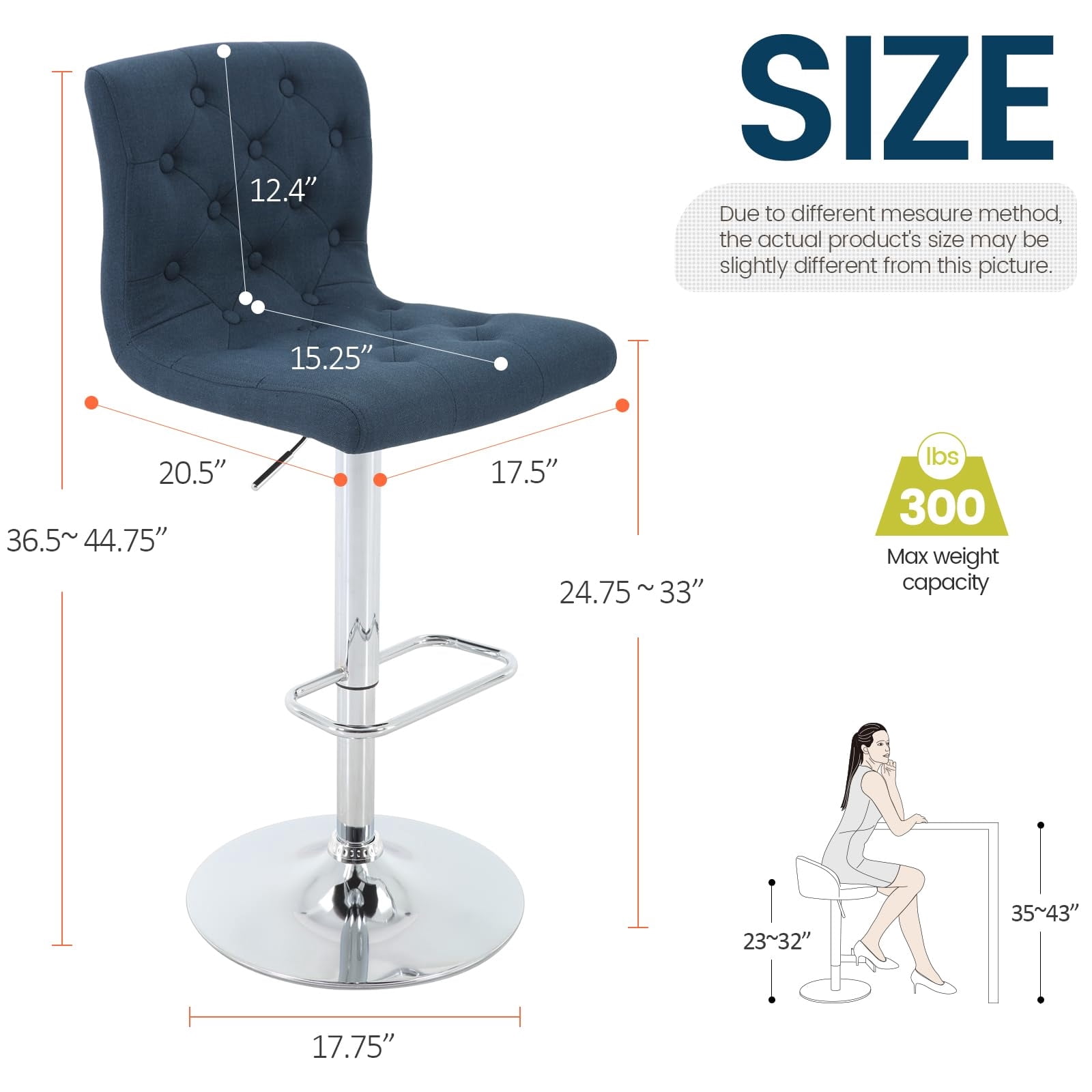 Modern Upholstered Bar Stool with Back Set of 2, Armless 360° Swivel Adjustable Height Linen Padded Bar Chair for Kitchen Island, Dining Room, or Café (Dark Blue)