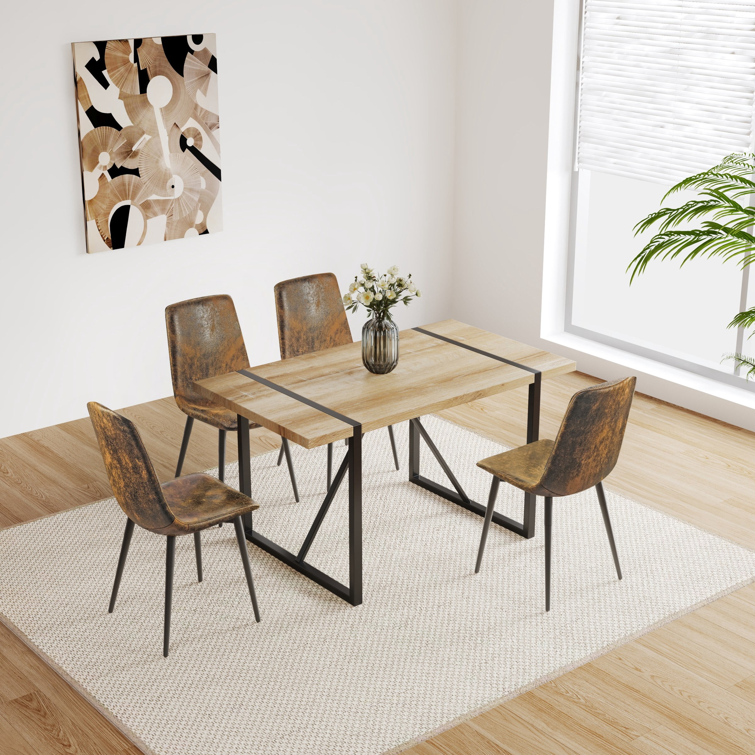 55" Dining Table For 4-6 Person, With 1.5" Thick Engineered Wood Tabletop and Black Metal Legs