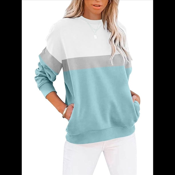 Sudadera Informal de Larga con Bloques de Color para Mujer, Cuello Redondo, Corte Holgado y Bolsillos. Azul y Verde L