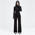 thumbnail image 4 of Girony Women's Polka Dot Workout Outfit Set, Zip Up Stand Collar Jacket & High Waist Flared Pants 2 Piece Yoga Tracksuit, 4 of 8