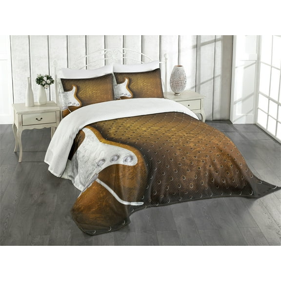 Ambesonne Rock Music Quilted Bedspread Set 3 Pcs, Grunge Dots Guitar, Queen Size, White Caramel