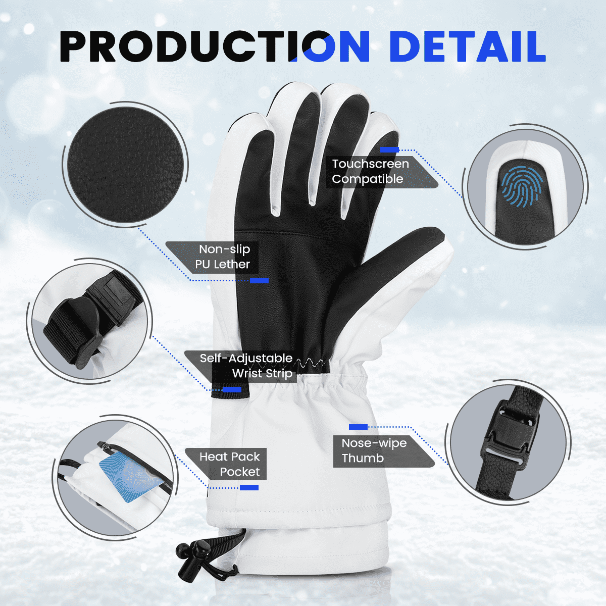 Winter Ski Gloves Warm for Men & Women, Touchscreen Snowboard Gloves with Pocket, Waterproof Snow Gloves for Cold Weather, Suitable for Driving/Cycling/Running/Hiking, White,L