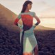 thumbnail image 3 of Women's Sexy See-Through Mesh Long Sleeve Dress High Waist A-Line Long Skirt Blue Floral Print Round Neck, 3 of 4