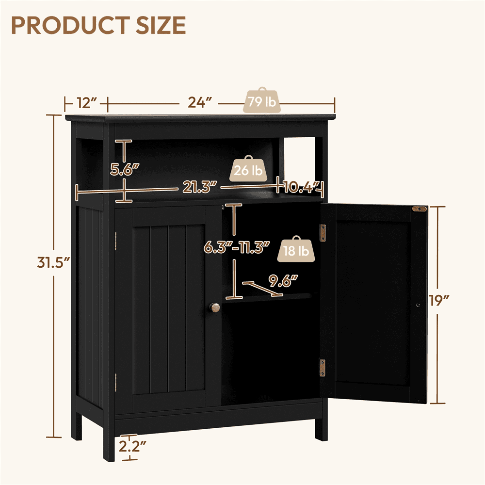 Alden Design 31.5" Tall Freestanding Wooden Bathroom Cabinet with Two Doors, Black
