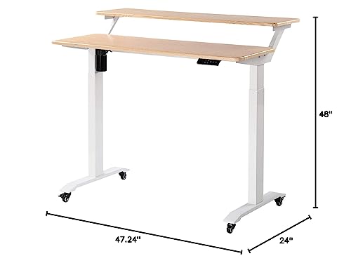 UNICOO® 2 Tier Electric Height Adjustable Standing Desk with Wheels, Electric Mobile Standing Workstation, Sit Stand Desk Home Office Desk Whole-Piece Desk Board 48 * 24 in (KT1002-LW) 2Tier
