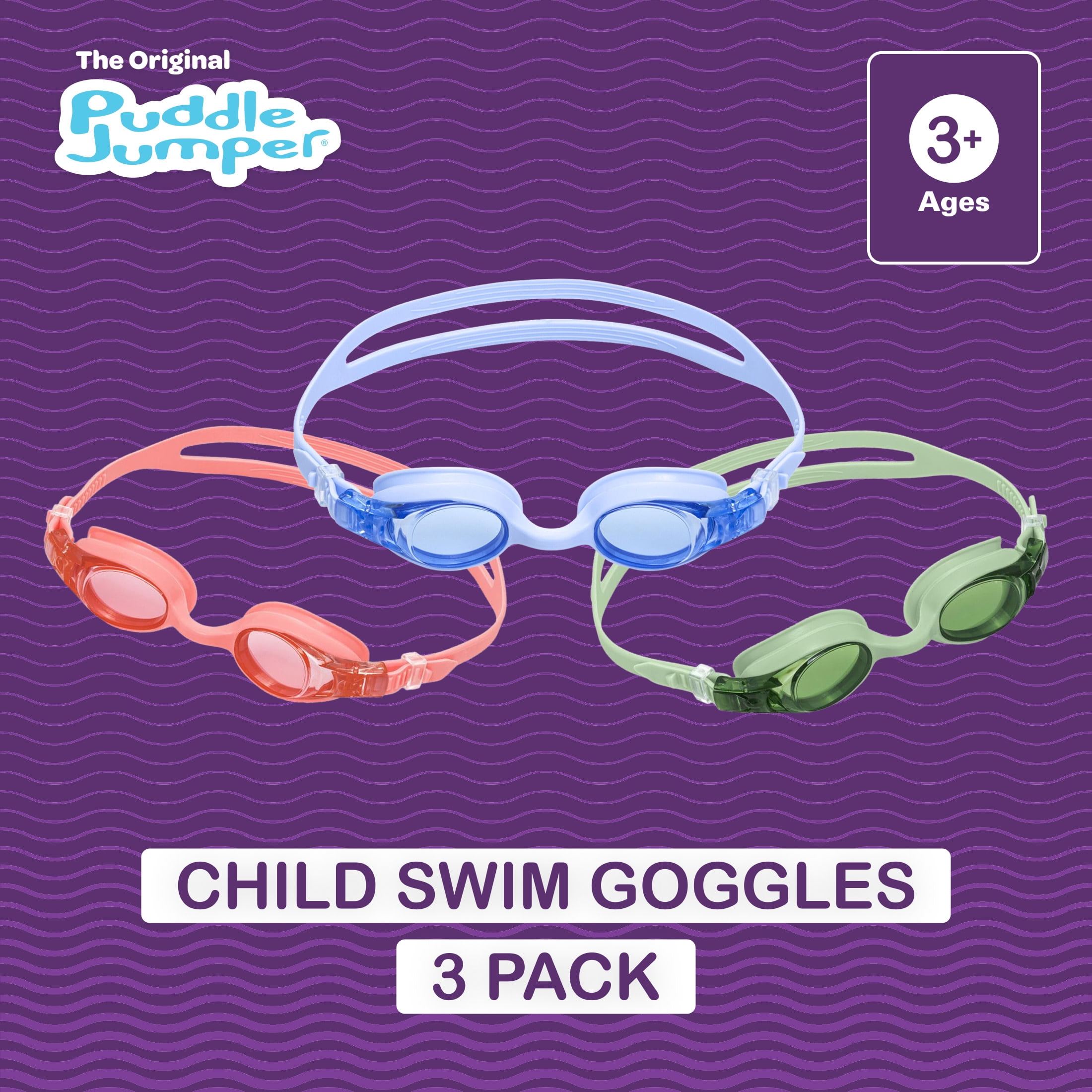 Puddle Jumper Child Swim Goggles, Non-Latex and Non-PVC, Kids Ages 3+, 3-Pack