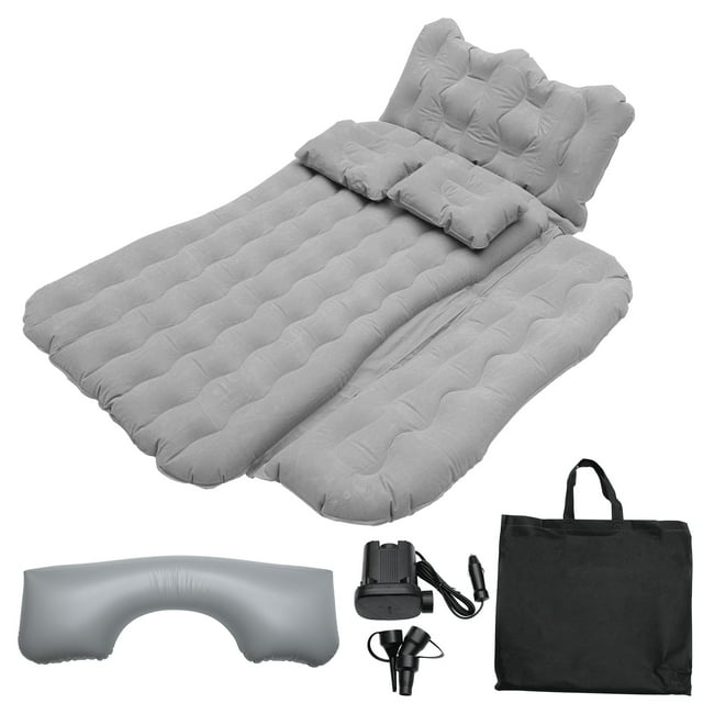 Colchón de aire para automóvil inflable grueso de terciopelo gris con pilotes divididos, piloto de pierna larga, almohadas de aire, almohadillas de reparación y bomba de aire