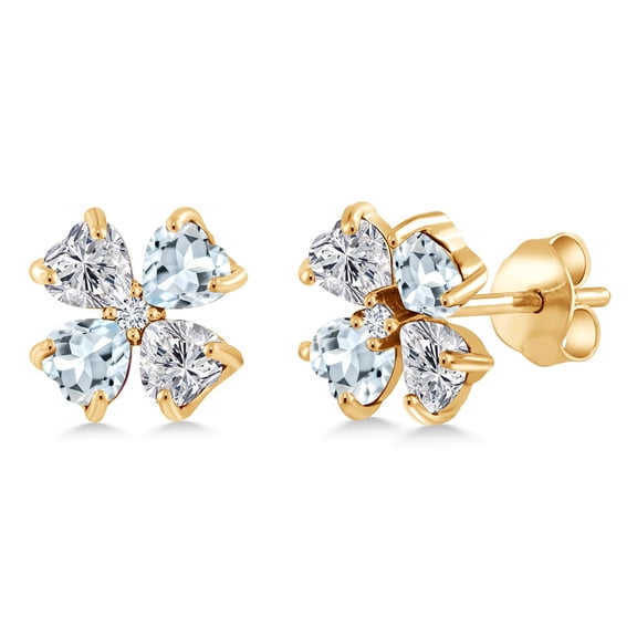 Gem Stone King 18K Yellow Gold Plated Silver Lab Grown Diamond and Sky Blue Aquamarine Stud Earrings for Women | 1.95 Cttw | Gemstone April Birthstone | Heart Shape 4MM