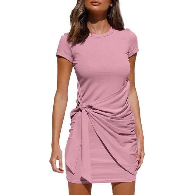 Robe d'Été pour Femme Décontractée à Manches Courtes Portefeuille Moulante Froncée à Taille Nouée Mini Robes