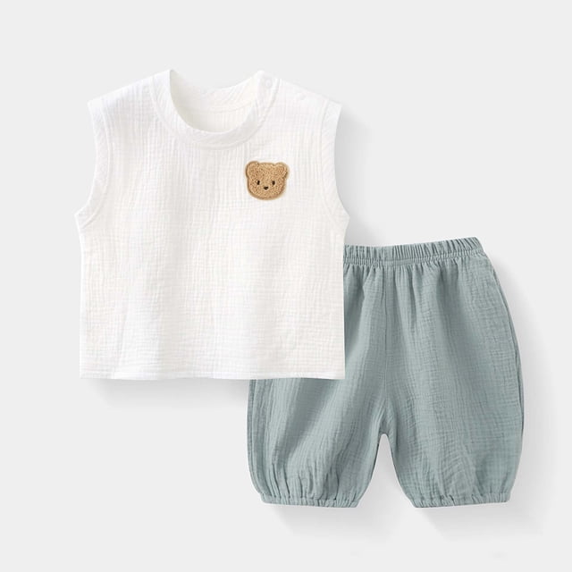 Conjuntos de camiseta sin mangas de cuello redondo para niños, conjunto de verano sin mangas con cuello redondo y oso bordado, holgado, cómodo, de hilo transpirable, top y pantalones cortos con bloque