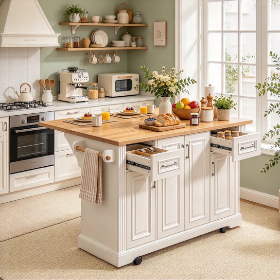 AUU 54.1" Large Rolling Kitchen Island Cart with Drop Leaf & Embossed Texture, 4 Doors, 2 Drawers & Adjustable Shelves for Kitchen Storage