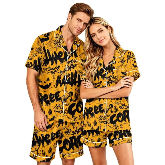 IYYVV Halloween Couple Matching Satin Pajamas Sets Short Sleeve Button Down Silk Pjs Witch Trendy Ghost Sleepwear 2 Pcs Loungewear Yellow XL
