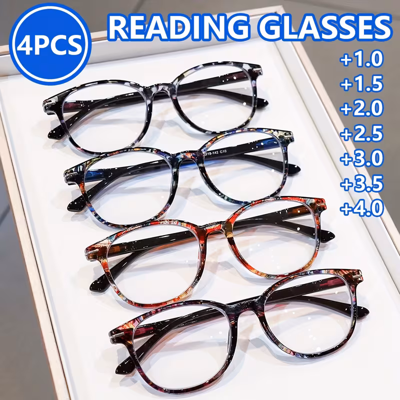 4 Pack Reading Glasses for Women and Men, Round Frame Readers with Fashion Print, 1.00 to 4.00 Magnification, Unisex Reading Glasses