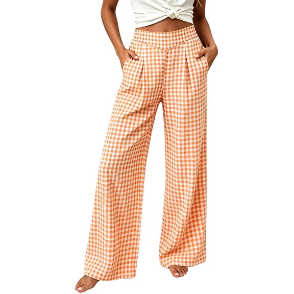 Maplenight Womens Plaid Pants Wide Leg Elastic High Waist Pleated Casual Pants Summer Vacation Office Trousers with Pockets
