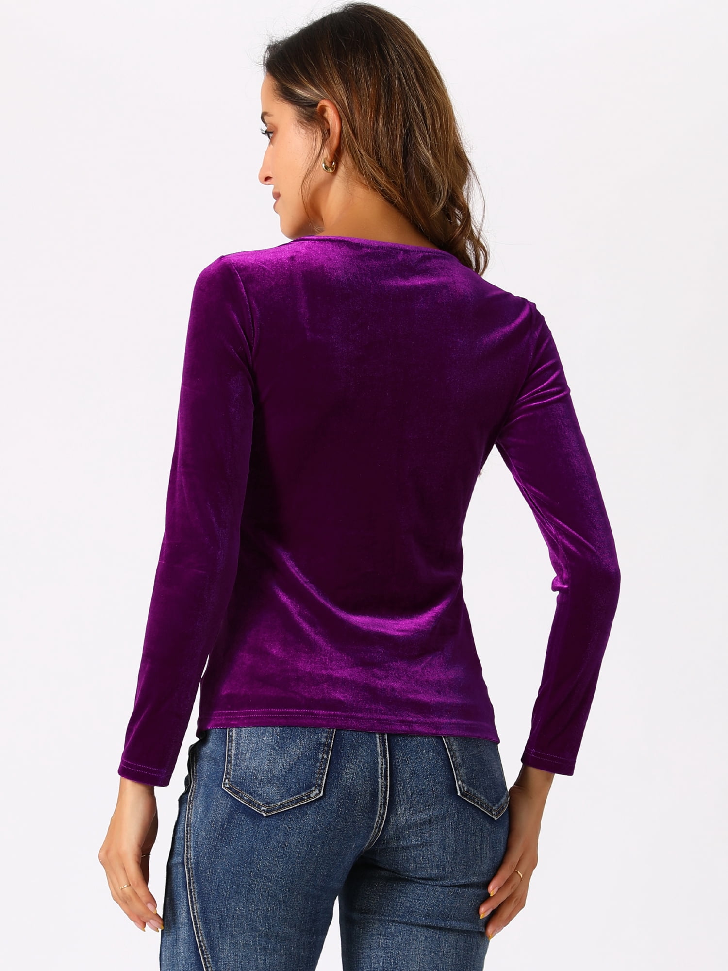 DARING DIVA Women's Velvet Sweetheart Neck Long Sleeves T-Shirt XS Purple Red