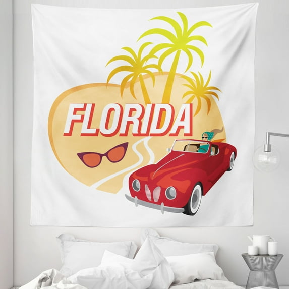 Vintage Florida Tapestry, Road to the 27th State of Paradise Get Away with Red Car Retro Like, Fabric Wall Hanging Decor for Bedroom Living Room Dorm, 5 Sizes, White Multicolor, by Ambesonne
