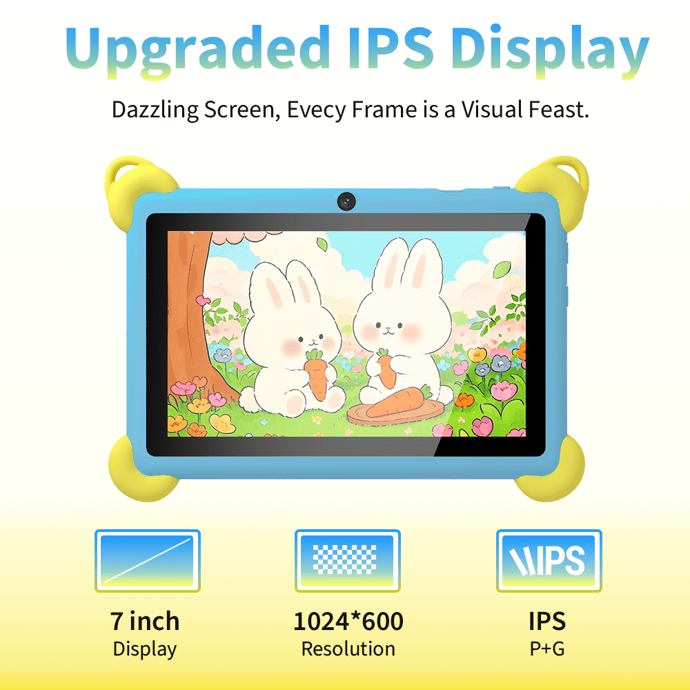 Veidoo 7-inch Android Kids Tablet, 2+32GB, Dual Cameras, Shockproof Case, Rabbit Stand Integrated Design, Detachable Shoulder Strap，Quad-Core Processor, iwawaAPP, Parental Control(Blue)