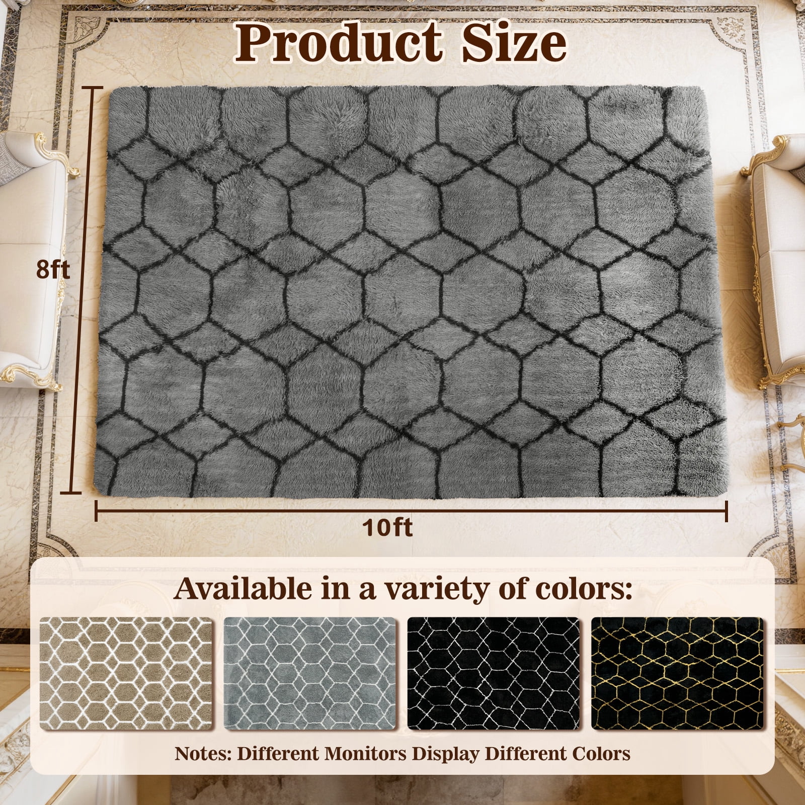 ZRSDIXKI 8ft x 10ft Area Rug, Soft Fluffy Area Rugs for Living Room Rug Bedroom Rug Geometric Carpet, Gray and Black