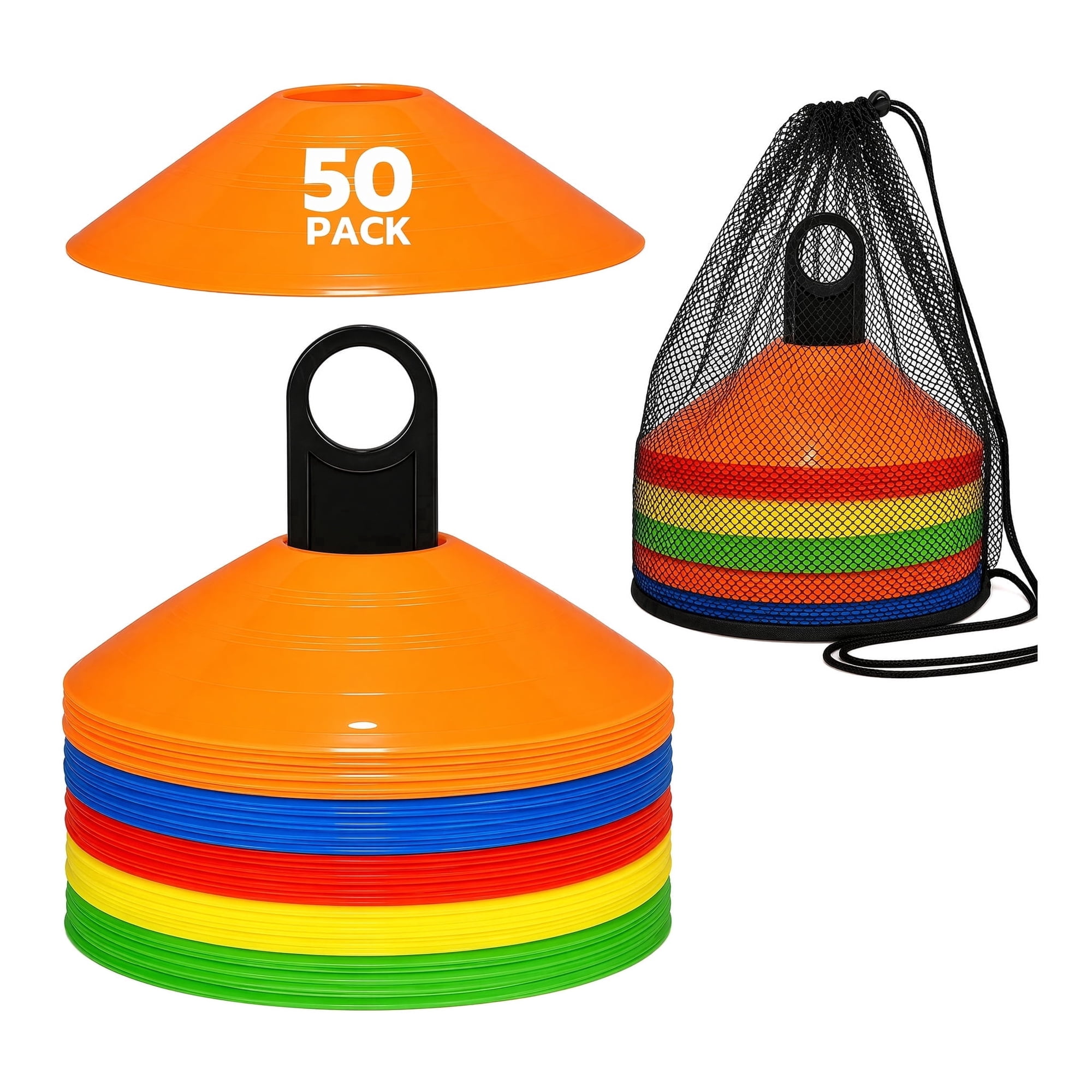Soccer Cones 25/50/100 Pack – Disc Agility Cones for Training Field Marker, Traffic, Basketball, Coaching & Practice Equipment – Includes Cone Drills Guide