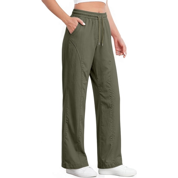 QIYAGBSA Wide Leg Pants for Women Elastic Drawstring Waist with Pockets Soft Stretch Casual Straight Fit (Green, XXS)