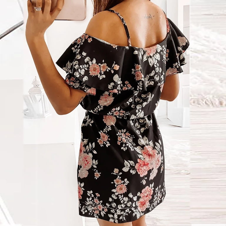 USSUMA Boho Dress for Women, Sexy Dresses For Women Short Sleeves V-Neck  Mini Short Animal Dandelion Printed Formal Cute Sun Dress Smocked Elastic  Waist Business Night Sun Dress - Walmart.com