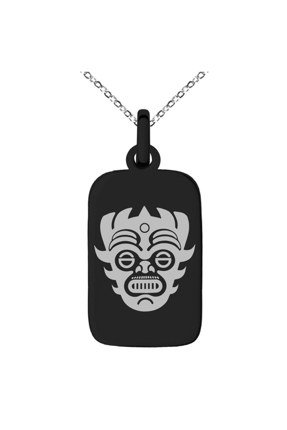 Stainless Steel Aztec Warrior Mask Rune Engraved Small Rectangle Dog Tag Charm Pendant Necklace