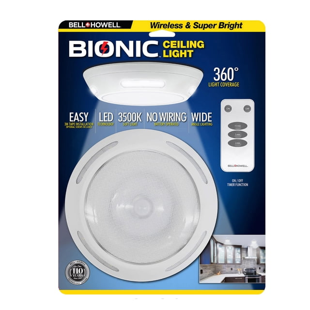 luz de techo inalámbrica led bell and howell luz blanca 3500K, vista frontal centrada de luminaria circular blanca con panel central texturizado y sensor de movimiento visible, cuatro ranuras laterales para distribución 360°, control remoto compacto a la derecha y empaque con logo Bell+Howell sobre fondo azul; también adecuada para montar en closets o pasillos sin instalación eléctrica.