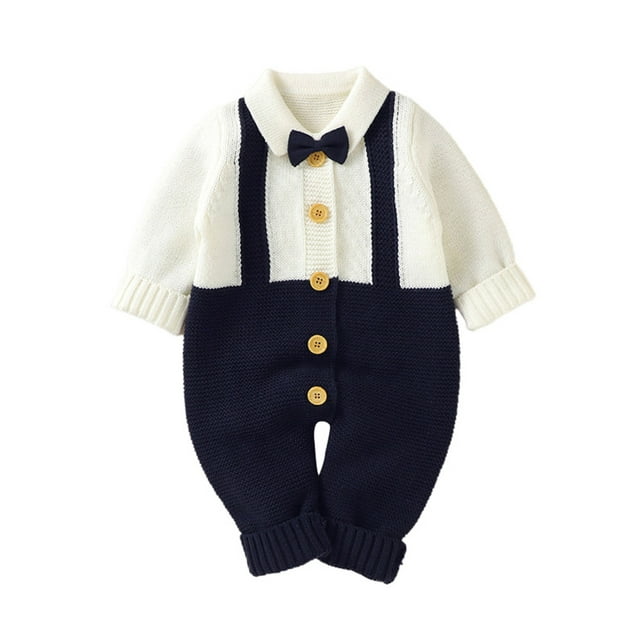 ZAXARRA Combinaison Bébé Garçon Épissage Couleur Revers Manches Longues Tricoté Rompers