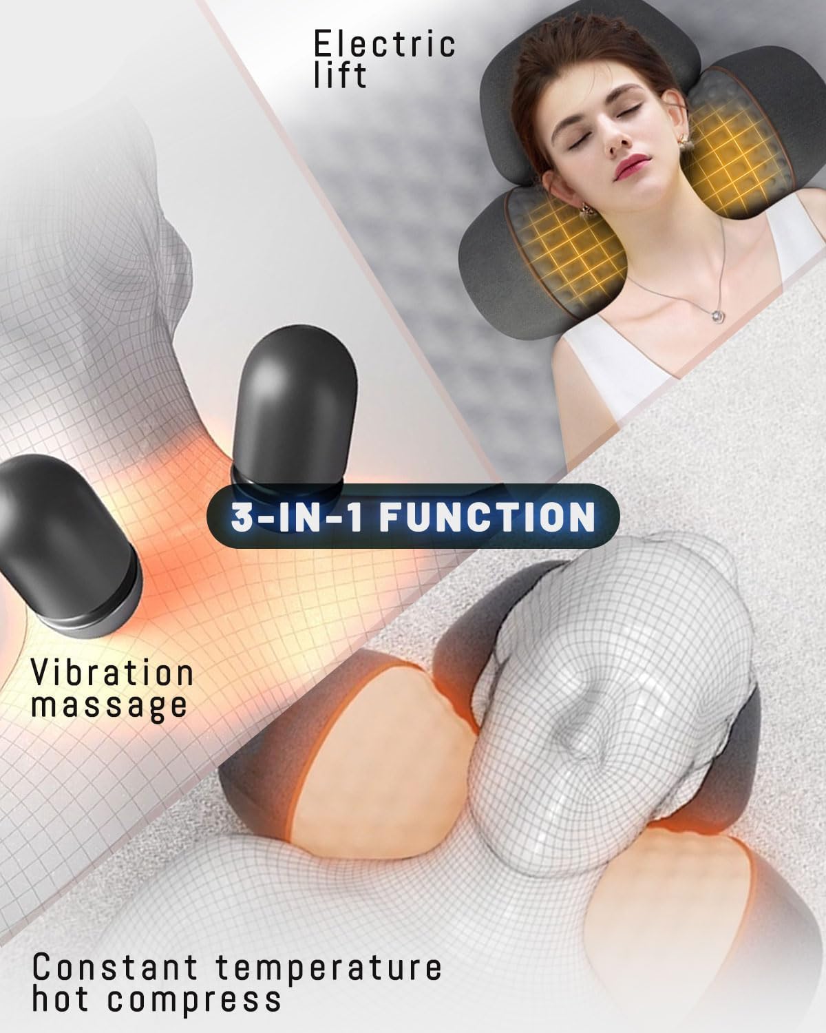 Neck Massager, Upgraded 3-in-1 Rechargeable Neck Massager Pillow with Deep Tissue, Heating & Gentle Stretcher, Ergonomic Memory Foam Pillow for Neck Back Shoulder