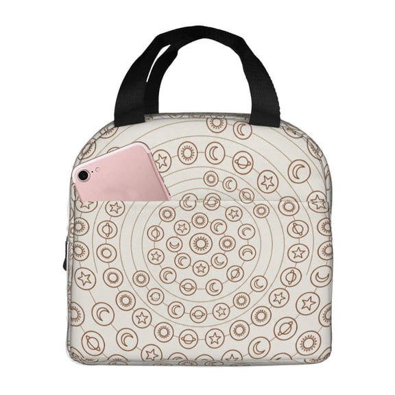 Sun and Moon Insulated Lunch Box Unique Cosmic Pattern Reusable Cooler Handbag Front Pocket Handheld Portable Thermal Meal Tote for Women Men Work Office
