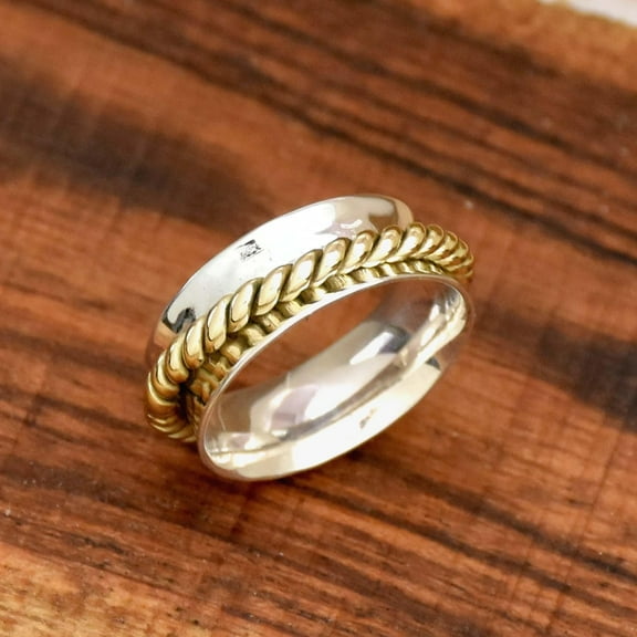SS DESIGNS Spinner Ring, 925 Sterling Silver Ring, Narrow Band Ring, Twisted Band Ring Two Tone Ring Mediation Ring Rope Ring Anxiety Ring Gift for Her
